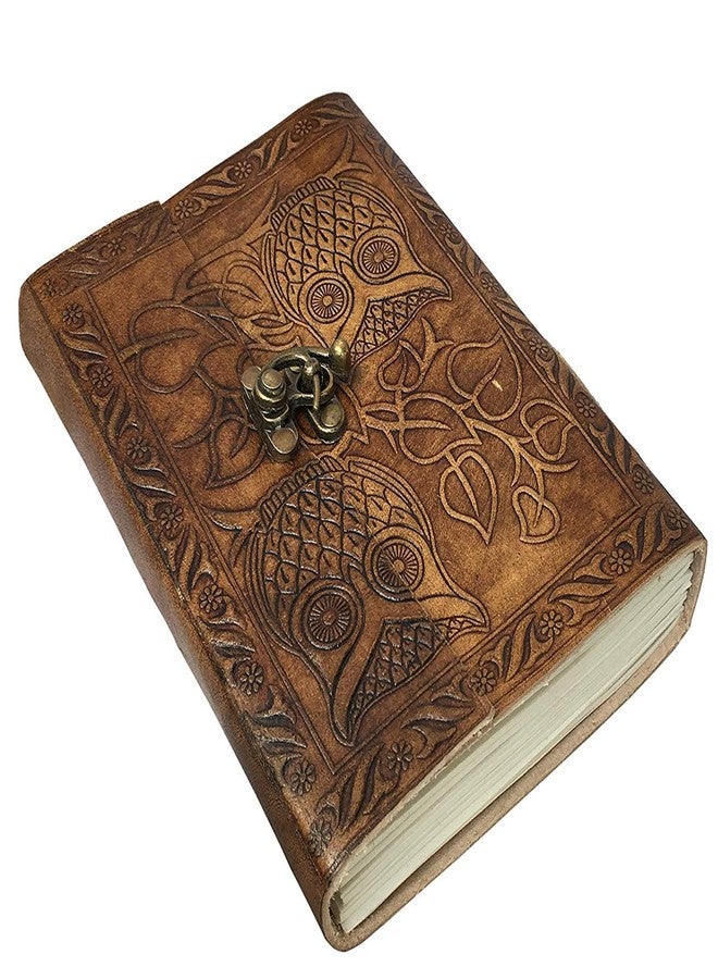 CREATIVE LEATHER ART دفتر يوميات جلدي عتيق منقوش عليه صورة بومة مع قفل - دفتر كتابة قابل لإعادة التعبئة مصنوع يدويًا، دفتر رسم ومذكرات عتيق، ورق فارغ مصنوع يدويًا، دفتر يوميات سفر للرجال والنساء (بني عتيق، 8 × 6 بوصة) - Image 4