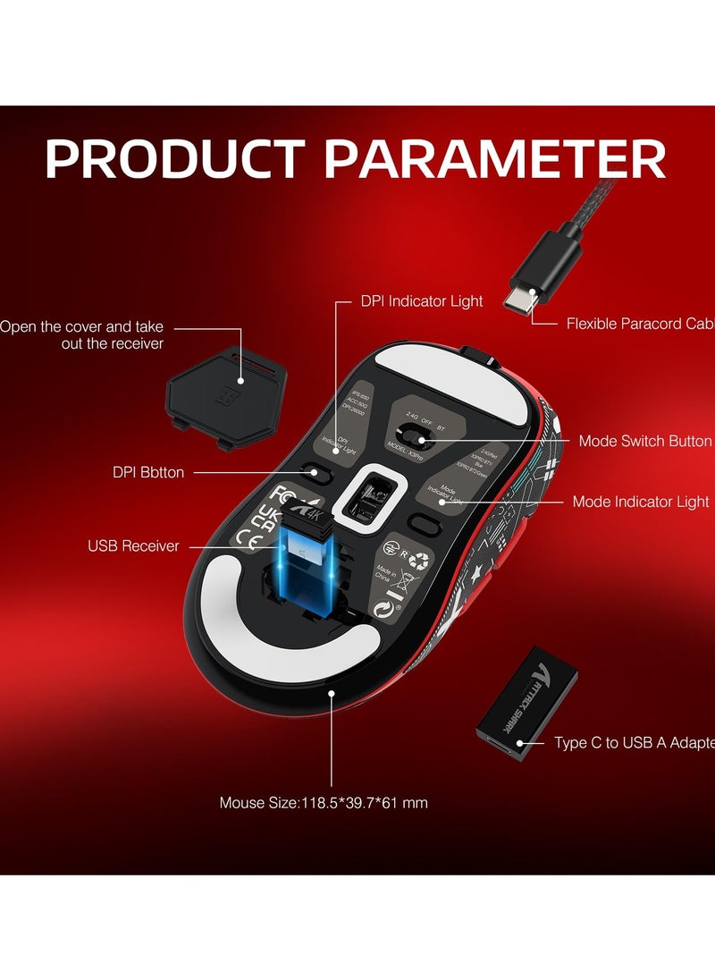 X3PRO 4K/8K Lightweight Wireless Gaming Mouse with Tri-Mode(Wired/2.4GHz/BT),PAW3395 Optical Sensor,26K DPI,Kailh GM8.0 Switch,Long Battery,7 Buttons for PC/Laptop/Win/Mac