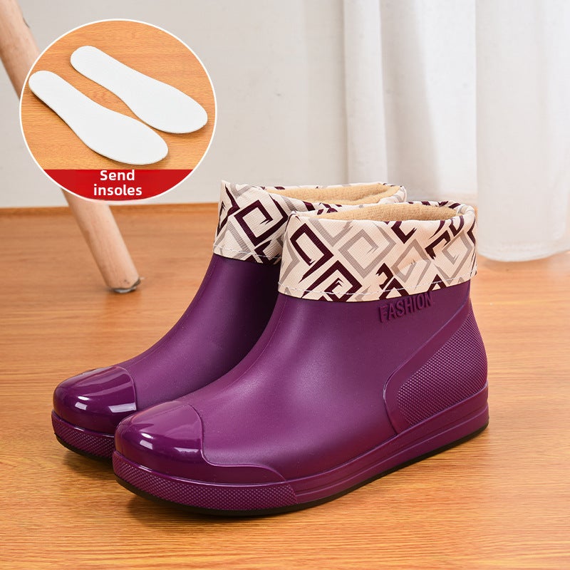 Fashion Waterproof Womens Ankle Rain Boots Purple (plus cotton sleeve) 