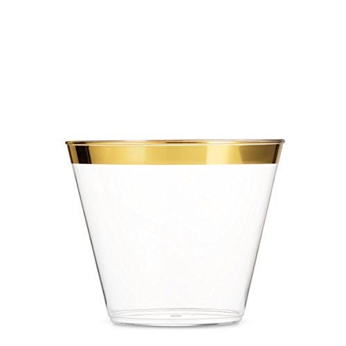 Munfix 100 9 Oz Clear Plastic Cups, Old Fashioned Tumblers, Fancy Disposable Wedding Cups, Elegant Party Cups with Gold Rim - Image 1