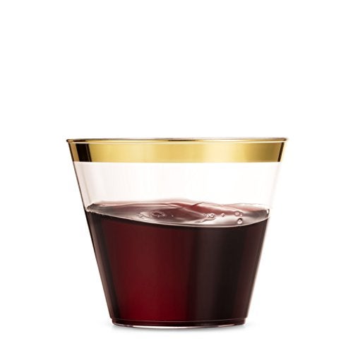 Munfix 100 9 Oz Clear Plastic Cups, Old Fashioned Tumblers, Fancy Disposable Wedding Cups, Elegant Party Cups with Gold Rim - Image 2