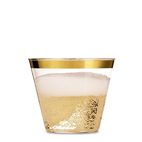 Munfix 100 9 Oz Clear Plastic Cups, Old Fashioned Tumblers, Fancy Disposable Wedding Cups, Elegant Party Cups with Gold Rim - Image 3
