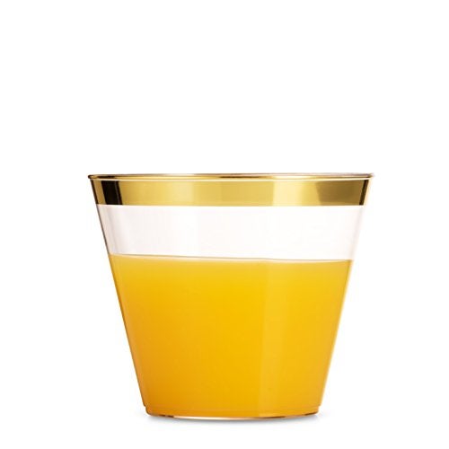 Munfix 100 9 Oz Clear Plastic Cups, Old Fashioned Tumblers, Fancy Disposable Wedding Cups, Elegant Party Cups with Gold Rim - Image 5