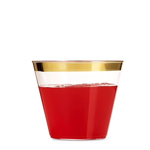 Munfix 100 9 Oz Clear Plastic Cups, Old Fashioned Tumblers, Fancy Disposable Wedding Cups, Elegant Party Cups with Gold Rim - Image 4