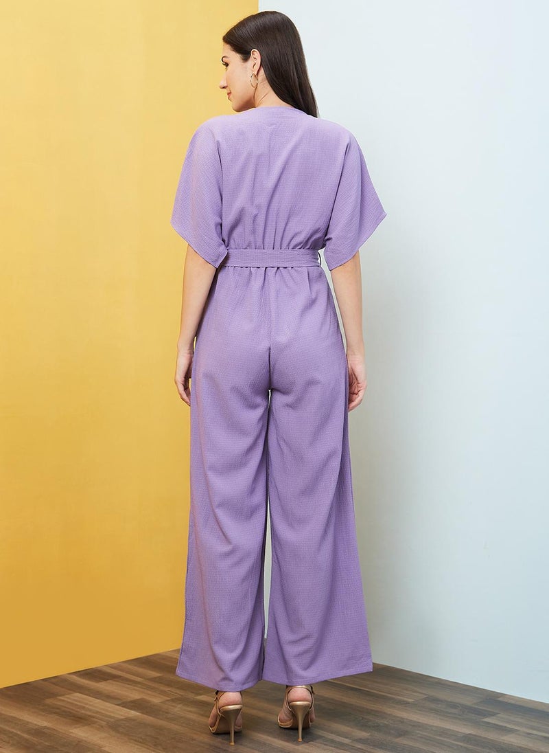 Globus Women's Lavender Self Design Casual Jumpsuit with Round Neck V Cut Kimono Sleeves and Belted Waist - Image 4