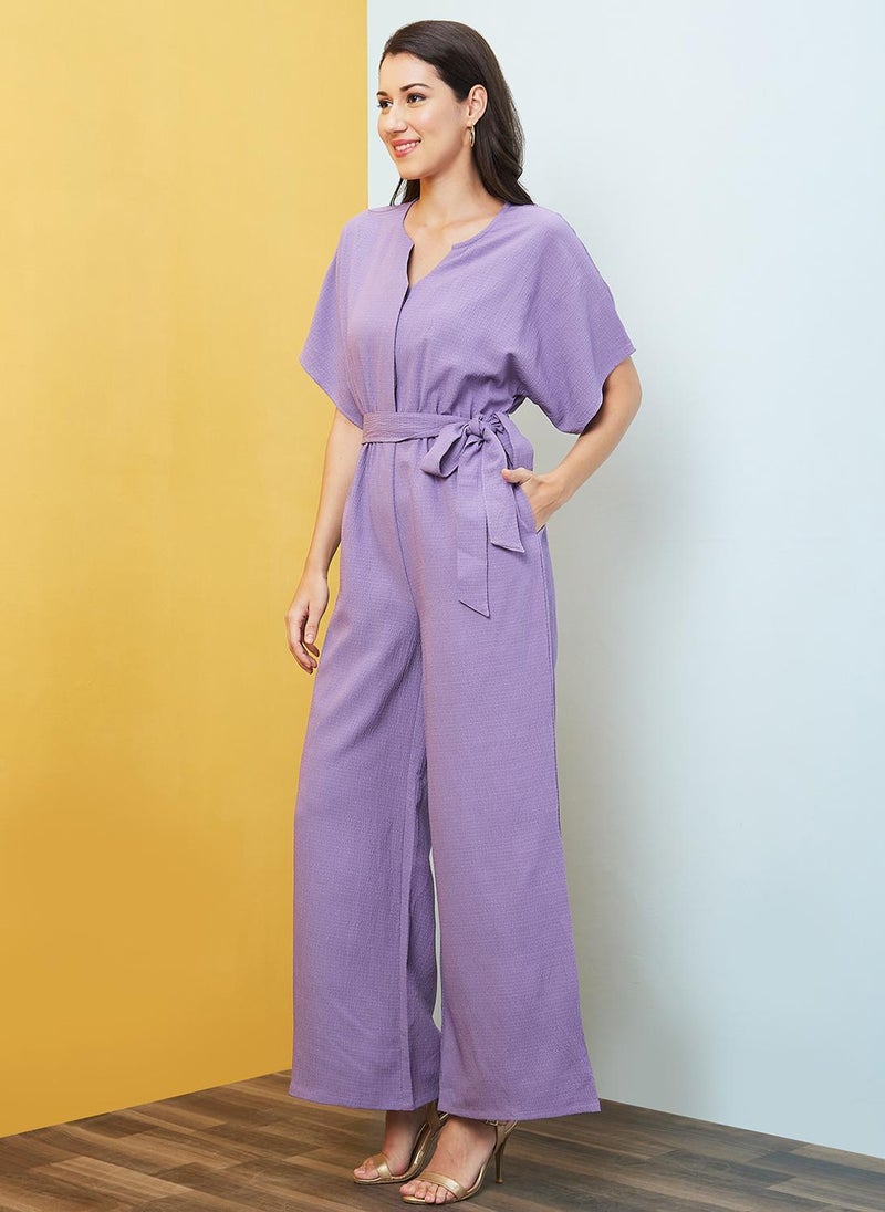Globus Women's Lavender Self Design Casual Jumpsuit with Round Neck V Cut Kimono Sleeves and Belted Waist - Image 3