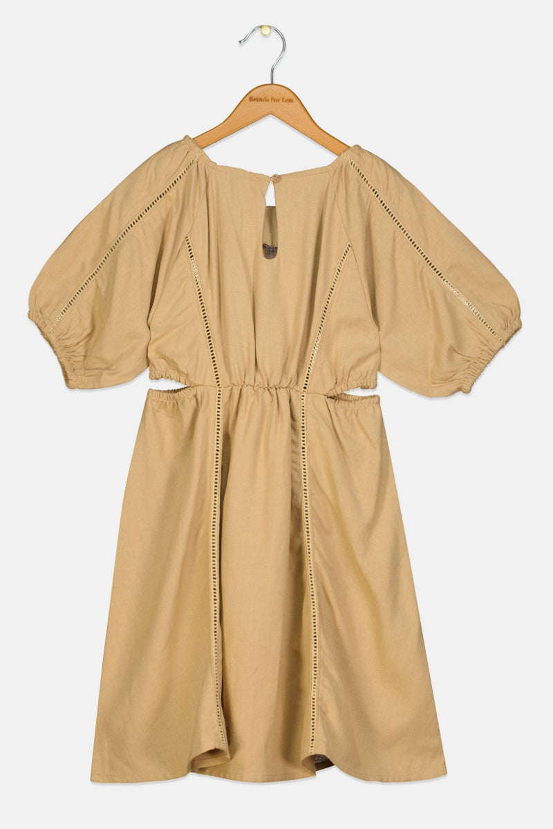 Willow & Whistle Kids Girl Eyelet Midi Dress, Tan  - Image 2