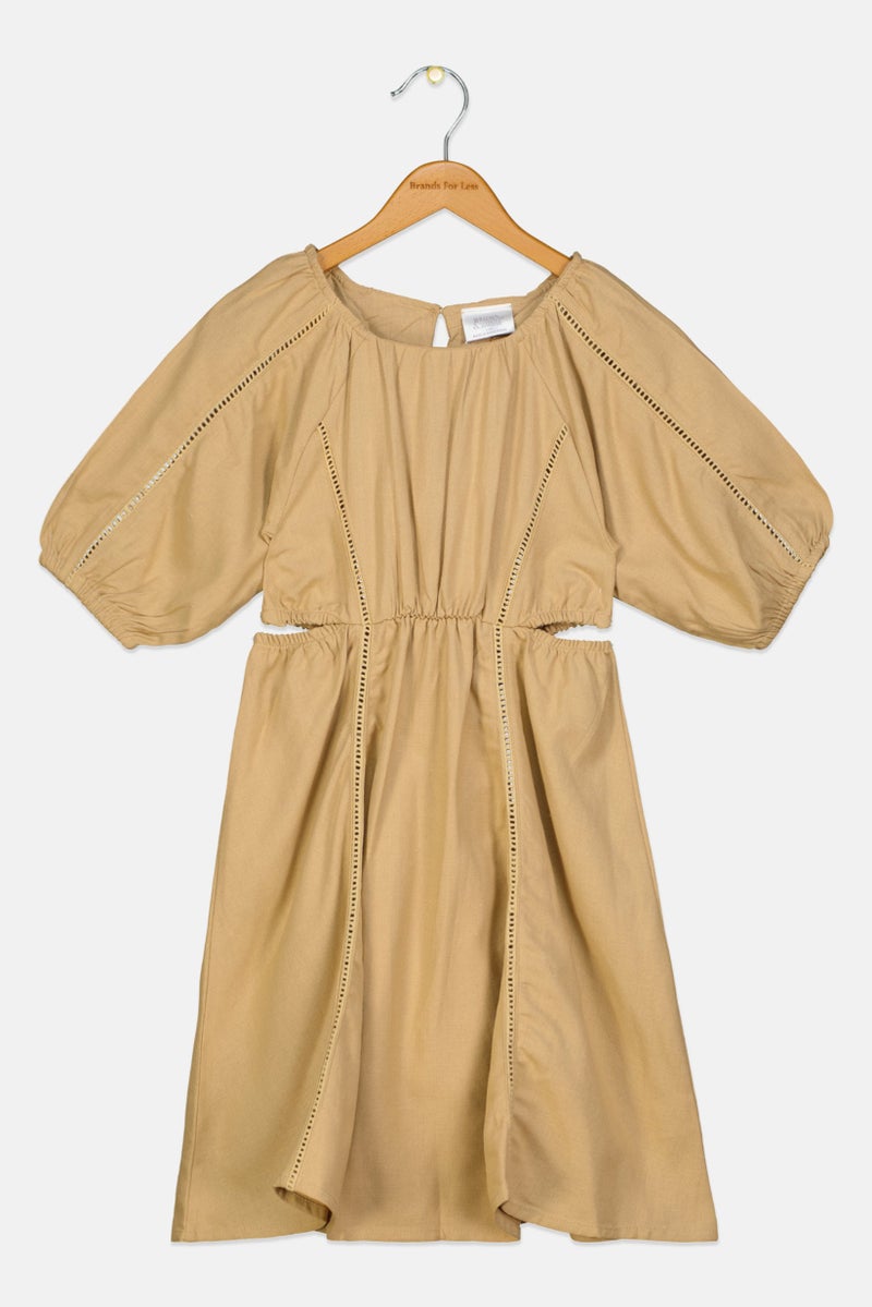 Willow & Whistle Kids Girl Eyelet Midi Dress, Tan  - Image 1