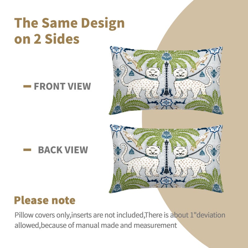 aportt Chinoiserie Animal Print Leopard Tropical Tree Lumbar Pillow Covers 12X20 Inch Set of 2 Vintage Asian Tiger Birds Pillow Cases Green Cotton Linen Cushion Case Farmhouse Home Decor For Sofa Couch - Image 4