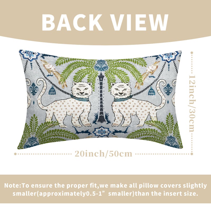aportt Chinoiserie Animal Print Leopard Tropical Tree Lumbar Pillow Covers 12X20 Inch Set of 2 Vintage Asian Tiger Birds Pillow Cases Green Cotton Linen Cushion Case Farmhouse Home Decor For Sofa Couch - Image 3