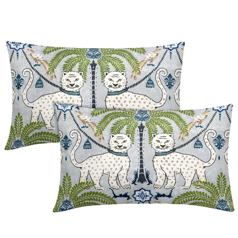 aportt Chinoiserie Animal Print Leopard Tropical Tree Lumbar Pillow Covers 12X20 Inch Set of 2 Vintage Asian Tiger Birds Pillow Cases Green Cotton Linen Cushion Case Farmhouse Home Decor For Sofa Couch - Image 1