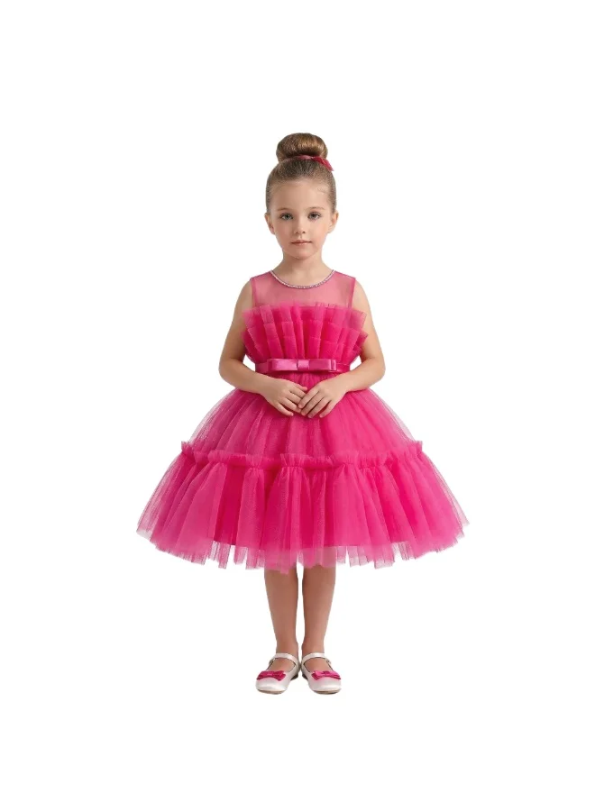 بيداني Girls Ruffle Party Dress with Satin Bow - Hot Pink