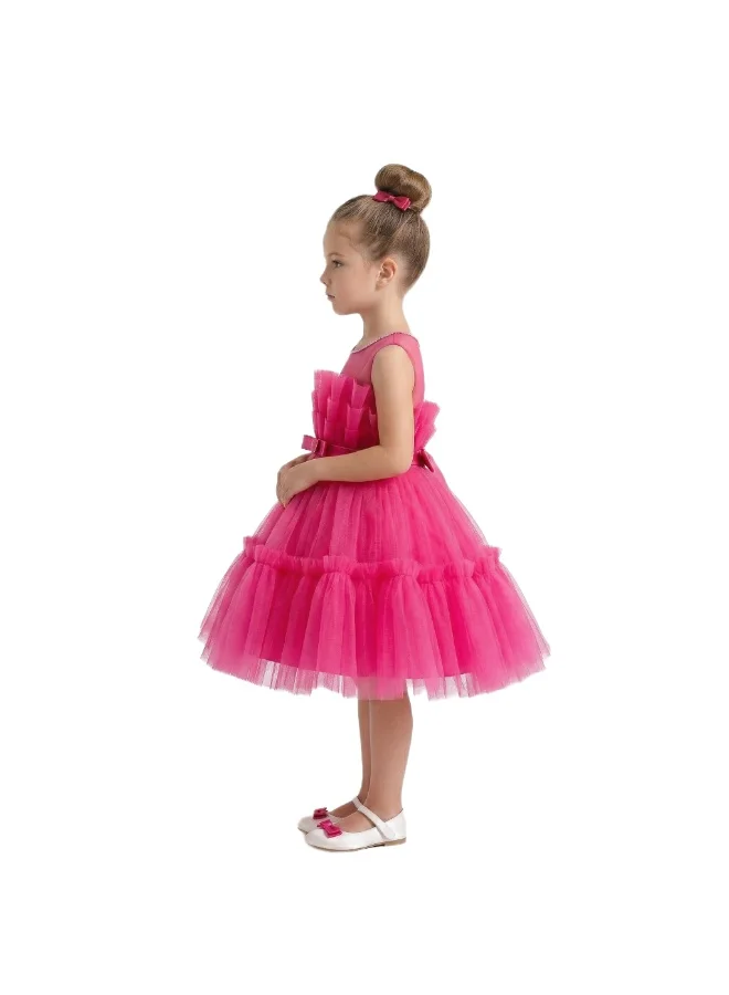 بيداني Girls Ruffle Party Dress with Satin Bow - Hot Pink