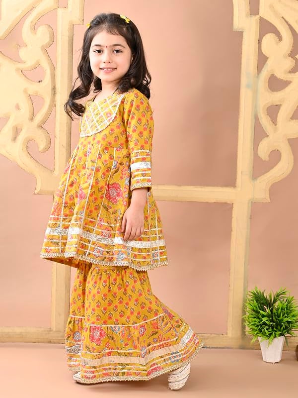 superminis Girls Cotton Floral Printed Gotta Work 3/4 Sleeves Flared Design Kurti & Sharara Set (18-24 Months, Mustard) - Image 4