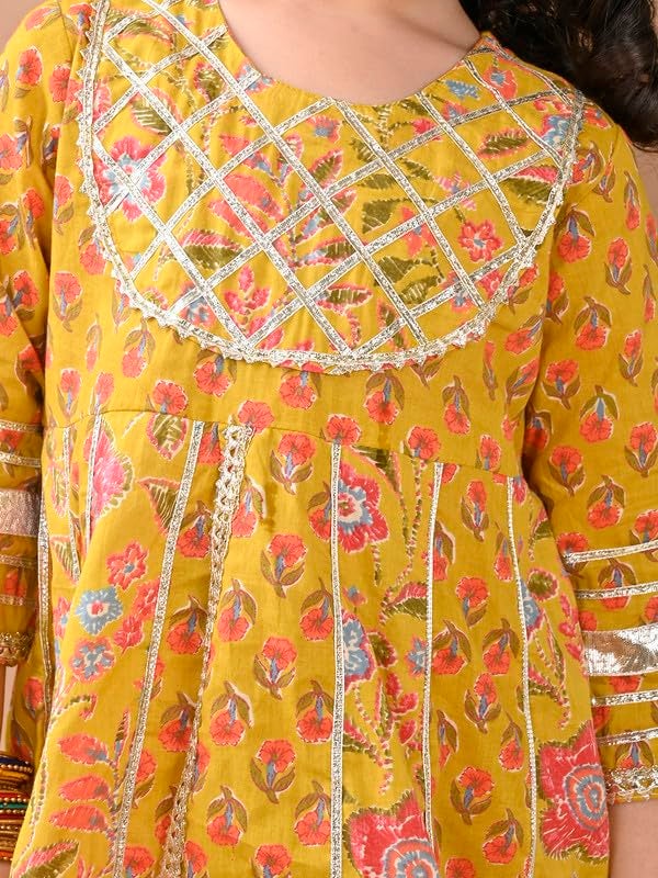 superminis Girls Cotton Floral Printed Gotta Work 3/4 Sleeves Flared Design Kurti & Sharara Set (18-24 Months, Mustard) - Image 5