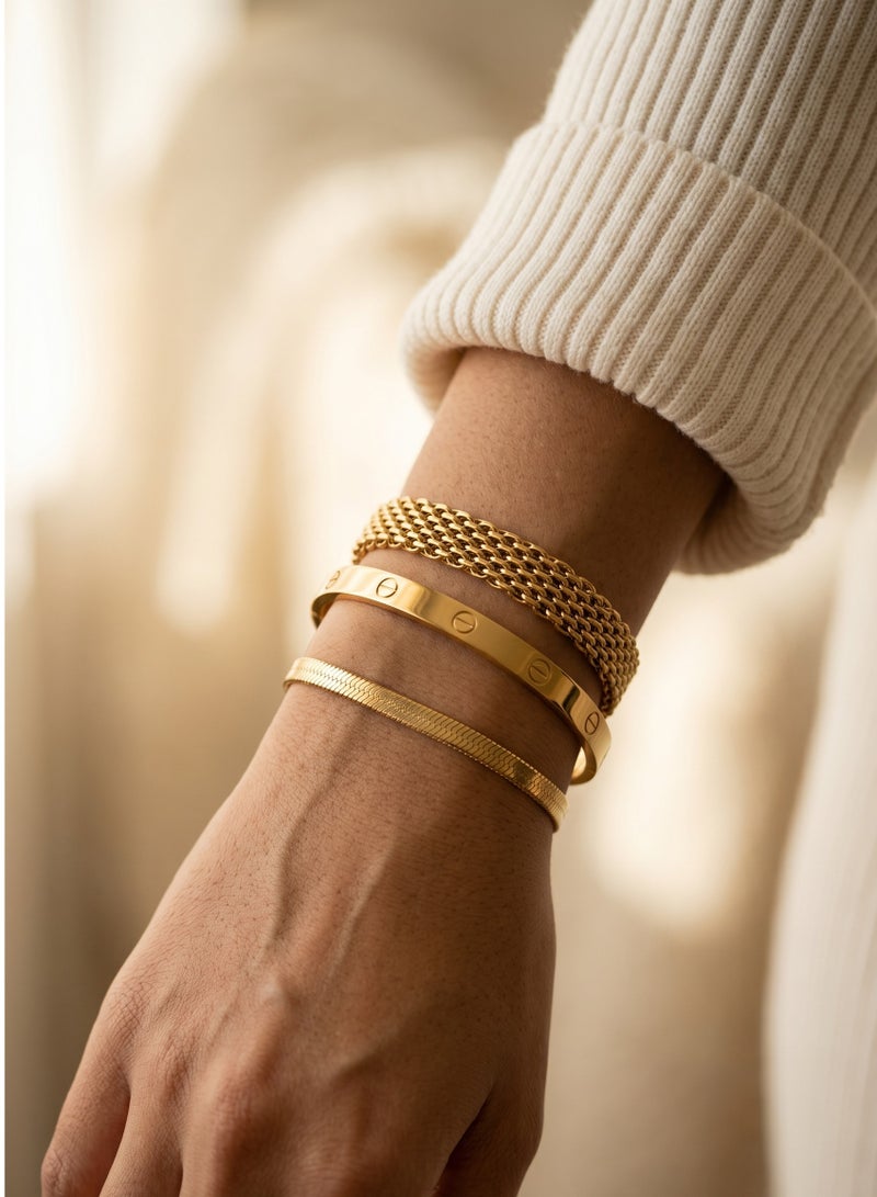 Gold Bracelet Stack Set 3 Pieces — Love Bangle + Mesh + Herringbone — 18K Gold Plated Stainless Steel — Luxury Everyday & Evening Stack — Women Gift - Image 2