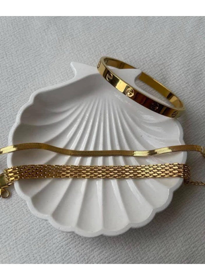 Gold Bracelet Stack Set 3 Pieces — Love Bangle + Mesh + Herringbone — 18K Gold Plated Stainless Steel — Luxury Everyday & Evening Stack — Women Gift - Image 3