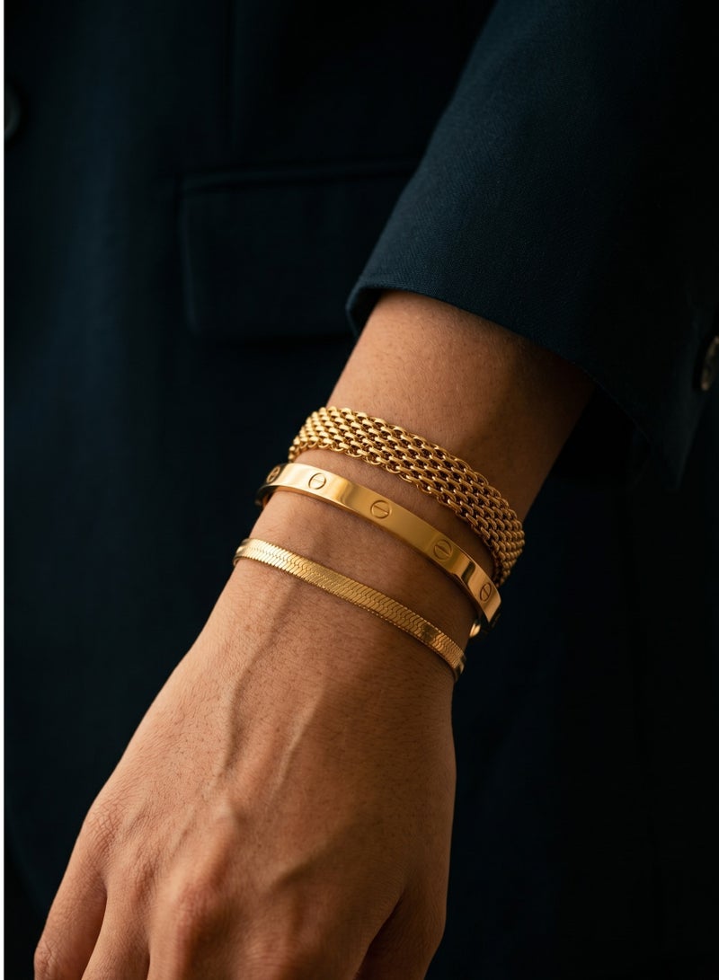 Gold Bracelet Stack Set 3 Pieces — Love Bangle + Mesh + Herringbone — 18K Gold Plated Stainless Steel — Luxury Everyday & Evening Stack — Women Gift - Image 1