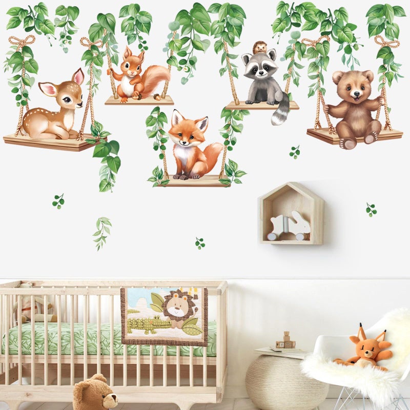 wondever Woodland Animal on Swings Wall Stickers Baby Bear Deer Fox Leaves Peel and Stick Wall Art Decals for Children Nursery Kids Bedroom Living Room - Image 1
