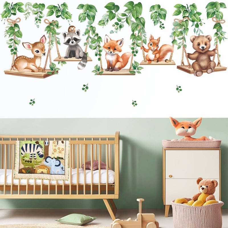 wondever Woodland Animal on Swings Wall Stickers Baby Bear Deer Fox Leaves Peel and Stick Wall Art Decals for Children Nursery Kids Bedroom Living Room - Image 2