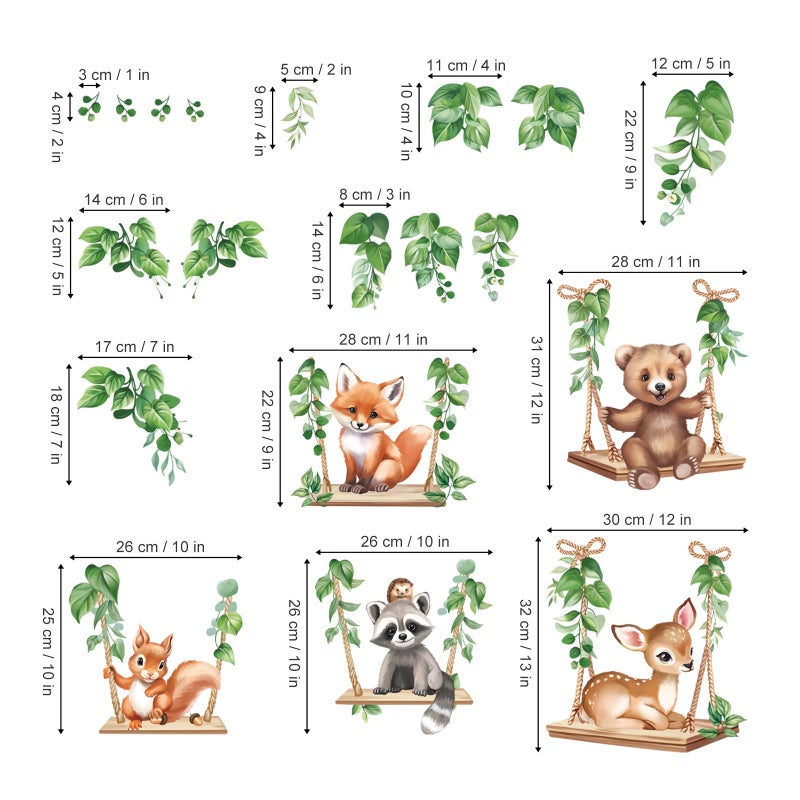 wondever Woodland Animal on Swings Wall Stickers Baby Bear Deer Fox Leaves Peel and Stick Wall Art Decals for Children Nursery Kids Bedroom Living Room - Image 4