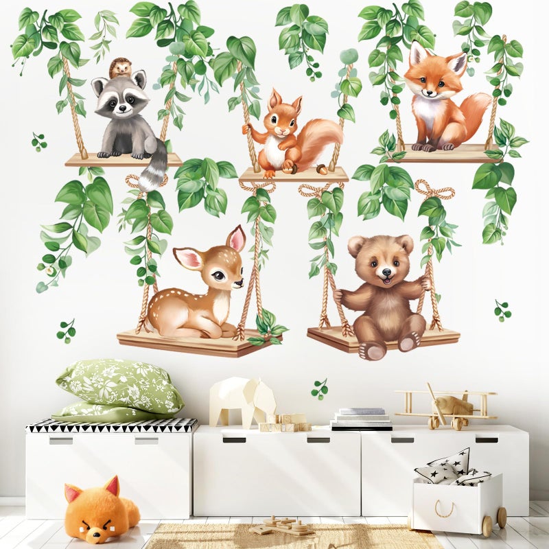 wondever Woodland Animal on Swings Wall Stickers Baby Bear Deer Fox Leaves Peel and Stick Wall Art Decals for Children Nursery Kids Bedroom Living Room - Image 3