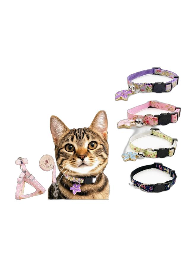 Pink Polka Cat Harness & Leash Set + Light Purple Floral Cat Collar with Bell, M Size Breathable Anti-Escape Chest Strap Adjustable Breakaway Collar Bundle - Image 1