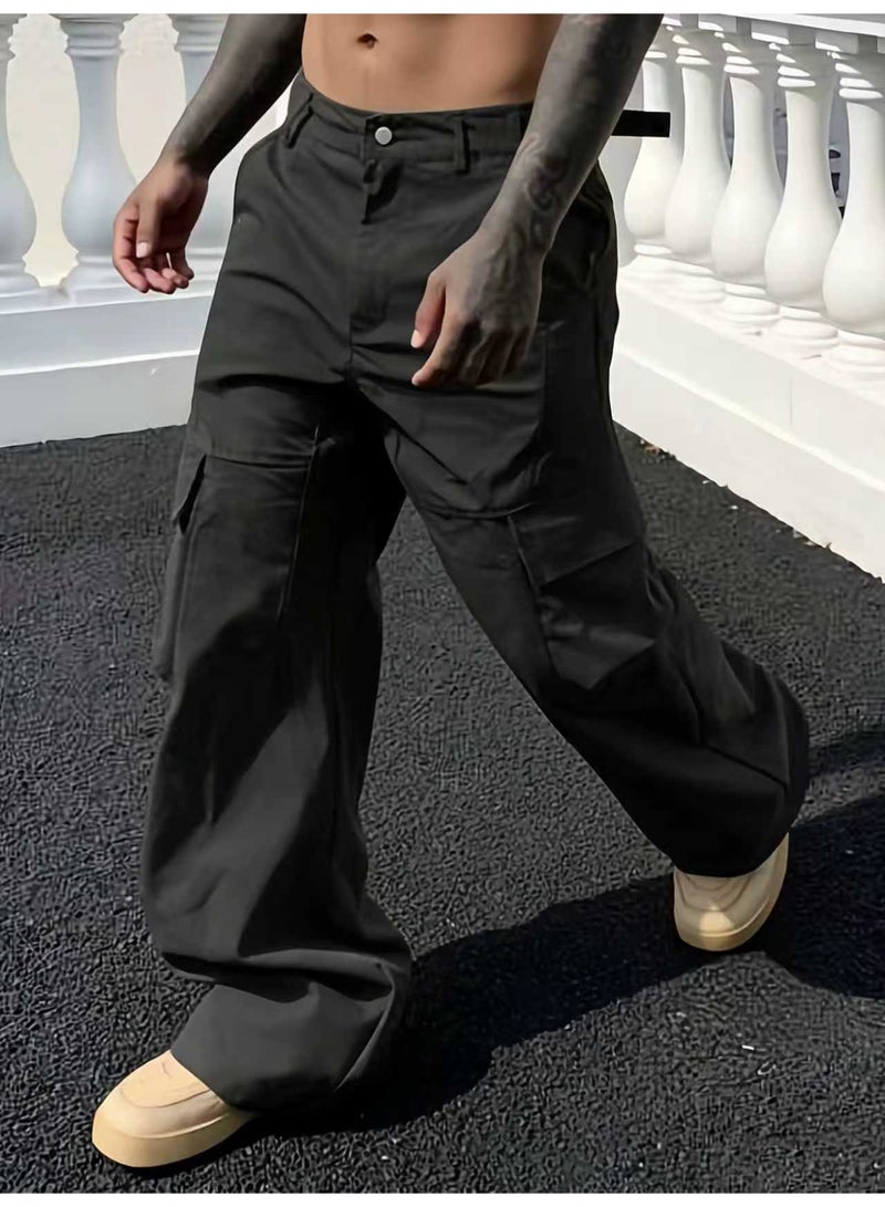Men's Black Cargo Pants Multi Pocket Loose Fit Straight Leg Drawstring Casual Trousers - Image 2