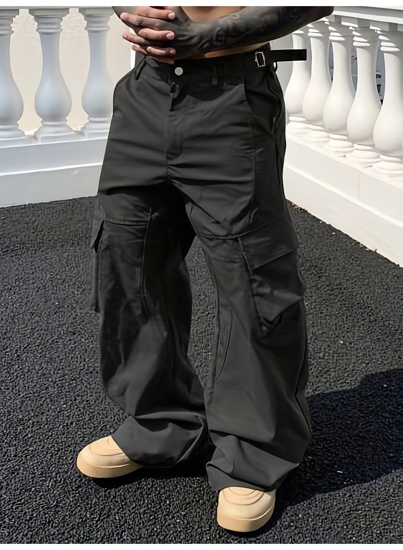 Men's Black Cargo Pants Multi Pocket Loose Fit Straight Leg Drawstring Casual Trousers - Image 1