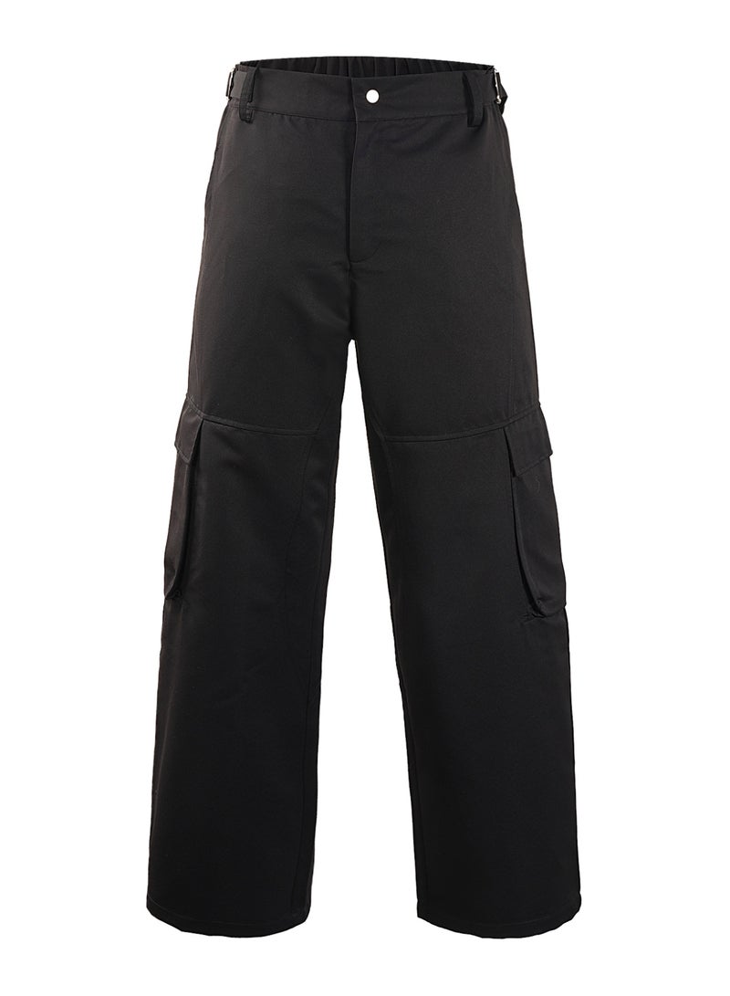 Men's Black Cargo Pants Multi Pocket Loose Fit Straight Leg Drawstring Casual Trousers - Image 5