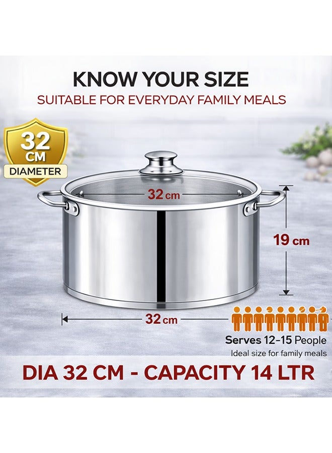 SONEX Mega Super Pot,32 cm (14 Ltr) Stainless Steel Cooking Pot/Casserole – Durable Handles, Glass Lid, Sandwich Bottom for Even Heating, Sleek Modern Design for Efficient and Stylish Cooking - Image 2