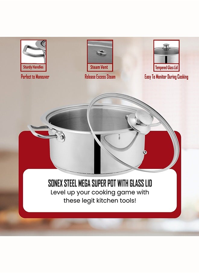 SONEX SONEX Mega Super Pot,32 cm (14 Ltr) Stainless Steel Cooking Pot/Casserole – Durable Handles, Glass Lid, Sandwich Bottom for Even Heating, Sleek Modern Design for Efficient and Stylish Cooking  - Image 3