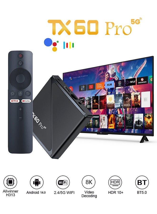 صندوق التلفزيون الذكي Tx60 Pro 8K Tx60 Pro 8K Android 14 Quad Core Allwinner H313 مع 2.4G/5G Wifi6 وجهاز تحكم عن بعد - Image 1
