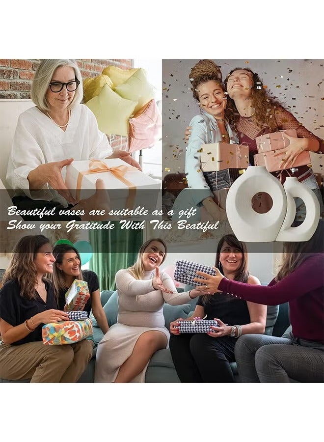 ميكسد طقم مزهرية سيراميك بيضاء مكون من قطعتين، طقم مزهرية للديكور المنزلي، مزهرية دائرية على طراز بوهو لتزيين عشب البامباس والزهور، غرفة المعيشة الحديثة، غرفة النوم، المدفأة، المزرعة، وقطع الزينة المركزية - Image 4