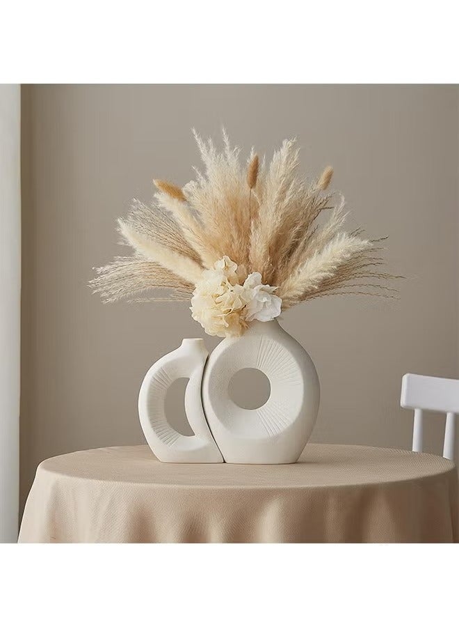 ميكسد طقم مزهرية سيراميك بيضاء مكون من قطعتين، طقم مزهرية للديكور المنزلي، مزهرية دائرية على طراز بوهو لتزيين عشب البامباس والزهور، غرفة المعيشة الحديثة، غرفة النوم، المدفأة، المزرعة، وقطع الزينة المركزية - Image 5