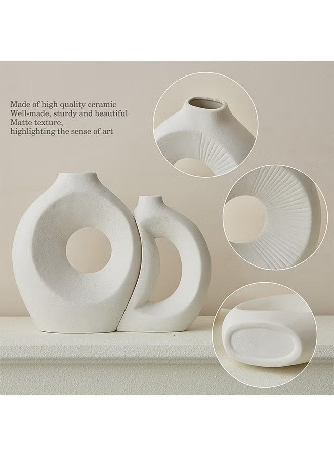ميكسد طقم مزهرية سيراميك بيضاء مكون من قطعتين، طقم مزهرية للديكور المنزلي، مزهرية دائرية على طراز بوهو لتزيين عشب البامباس والزهور، غرفة المعيشة الحديثة، غرفة النوم، المدفأة، المزرعة، وقطع الزينة المركزية - Image 3