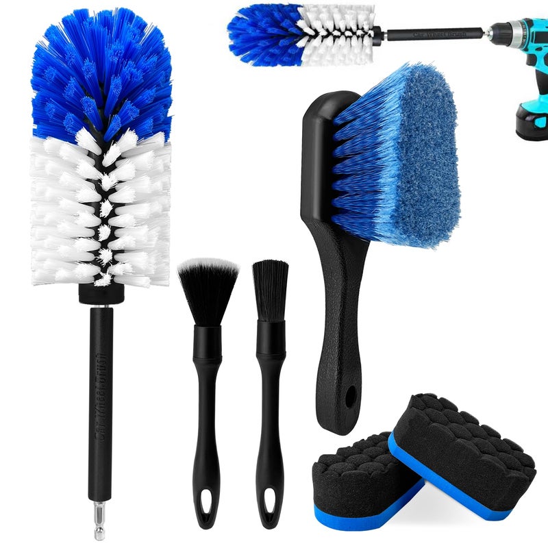 HOLANHING Car Wheel Brush Kit Soft Drill Wheel Cleaner Brush Tire Brush Detailing Brush and Detailing Pads No Scratches Car Wheel Cleaning Kit for Wheels Tires Rims Engines ExhaustBlueWhite 6 Pack - Image 3