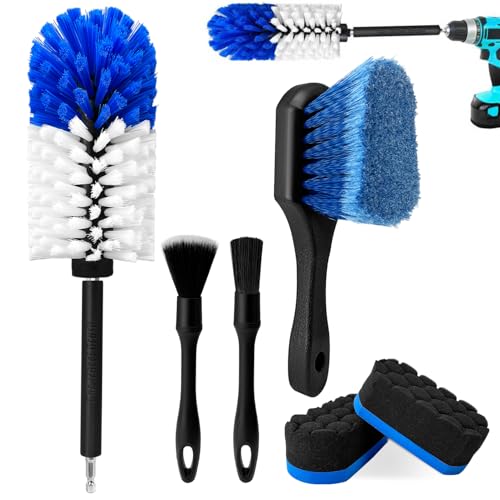 HOLANHING Car Wheel Brush Kit Soft Drill Wheel Cleaner Brush Tire Brush Detailing Brush and Detailing Pads No Scratches Car Wheel Cleaning Kit for Wheels Tires Rims Engines ExhaustBlueWhite 6 Pack - Image 1