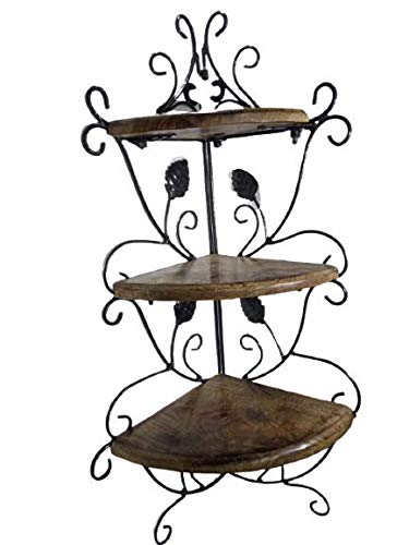 Delux Wood Carver Wooden and Wrought Corner Rack Side TableWall Shelf Wooden Corner Rack Home Decor