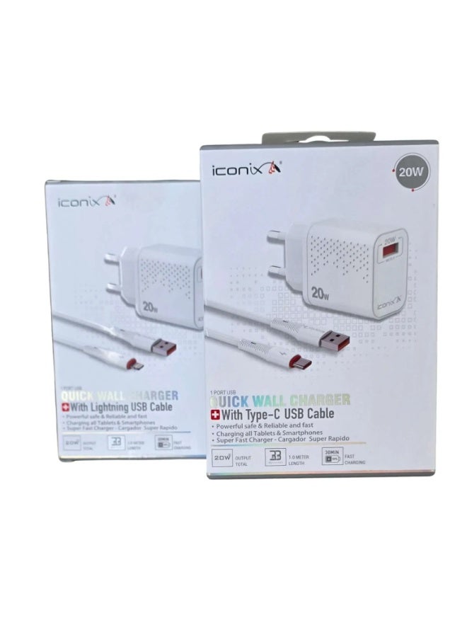 آيكونكس شاحن Iconix بمنفذ USB-A وكابل Type-C، بقوة 12 واط (IC-HC1050) - أبيض - Image 1