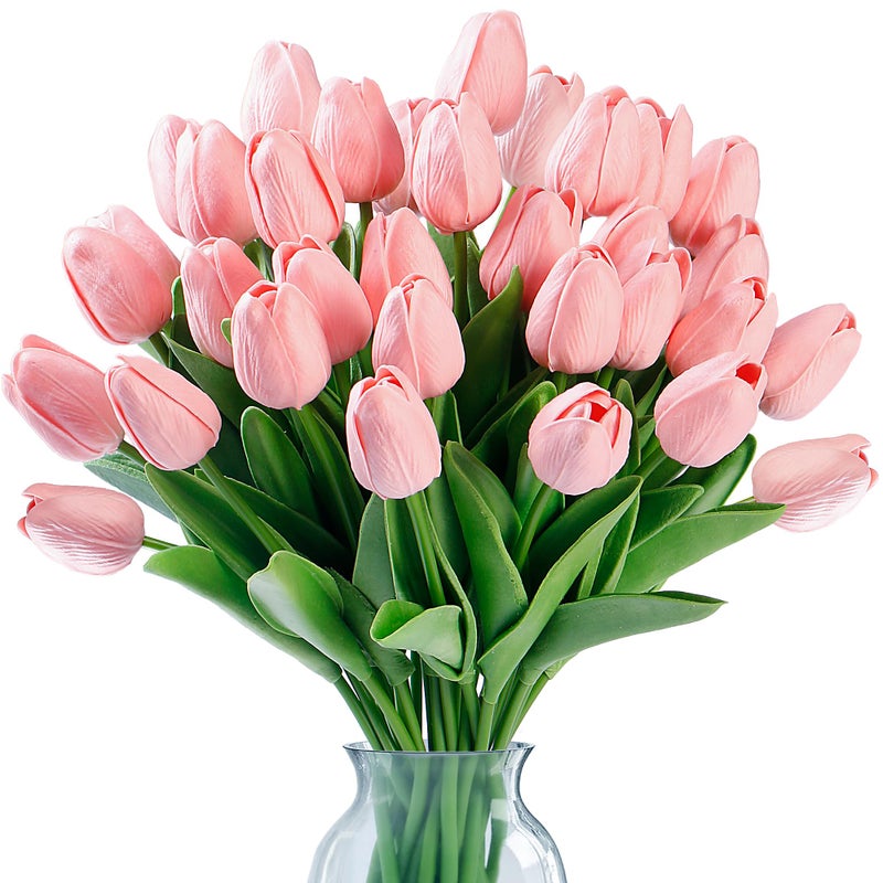 Sggvecsy 15 Pcs Fake Tulips Artificial Flowers Real Touch PU Faux Flowers Tulip Stems for Wedding Spring Bouquet Floral Arrangement Home Party Office Decorations for Mother's Day (Milk Pink) - Image 1