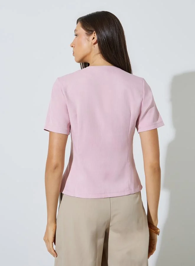 Styli Pink Pink Short Sleeve Button-Front Blouse for Women | Best Price UAE