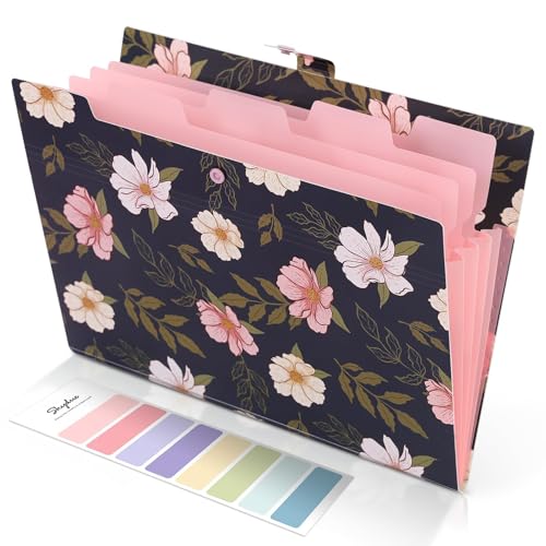 SKYDUE Accordion File Organizer Floral Expanding File Folders with 5 Pockets Cute Document Organizer for Paper Bills Receipt Storage School Office Hospital Supplies LetterA4 Size Navy Blue - Image 1