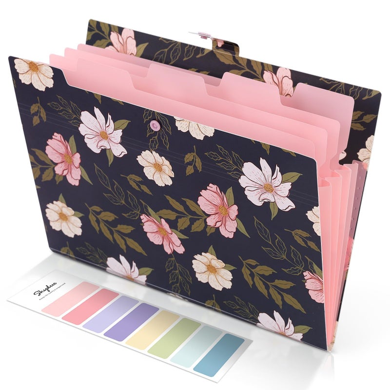 SKYDUE Accordion File Organizer Floral Expanding File Folders with 5 Pockets Cute Document Organizer for Paper Bills Receipt Storage School Office Hospital Supplies LetterA4 Size Navy Blue - Image 2