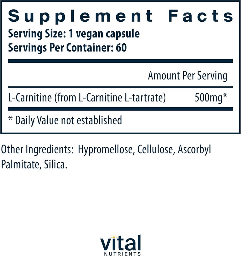 Vital Nutrients Carnitine 500mg  LCarnitine Supplement for Heart Health Support  Vegan Energy Support Supplement  Gluten Dairy Soy Free  NonGMO  60 Capsules - Image 2