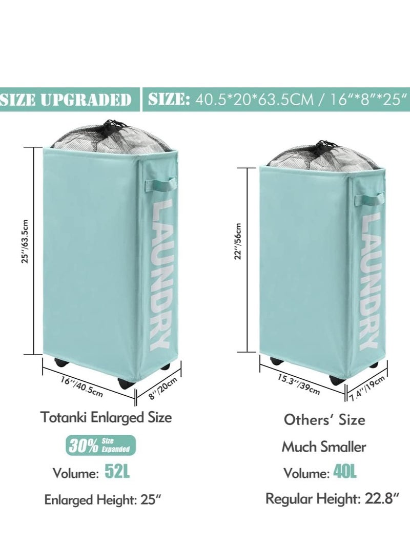 42L Foldable Rolling Laundry Basket with Wheels - Tall Storage Bin & Organizer in Light Blue - Image 3