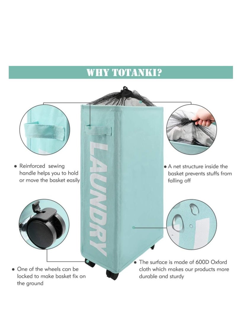 42L Foldable Rolling Laundry Basket with Wheels - Tall Storage Bin & Organizer in Light Blue - Image 4