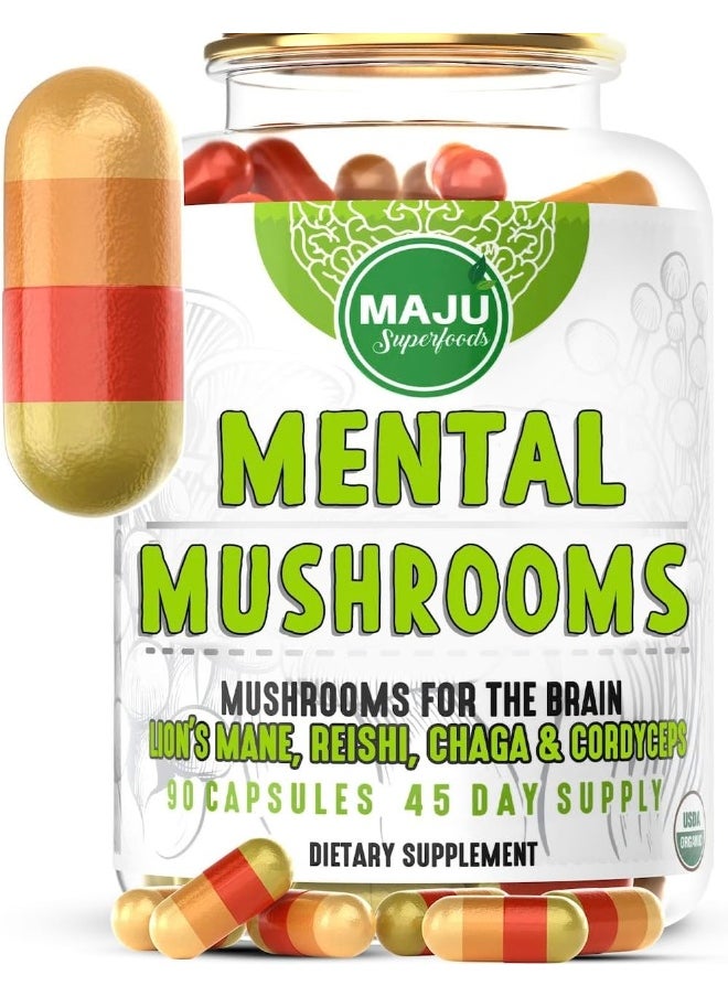 Maju Superfoods MENTAL Mushroom Capsules, Organic Extract Supplement w/ Lion's Mane, Cordyceps, Reishi and Chaga  - Image 1