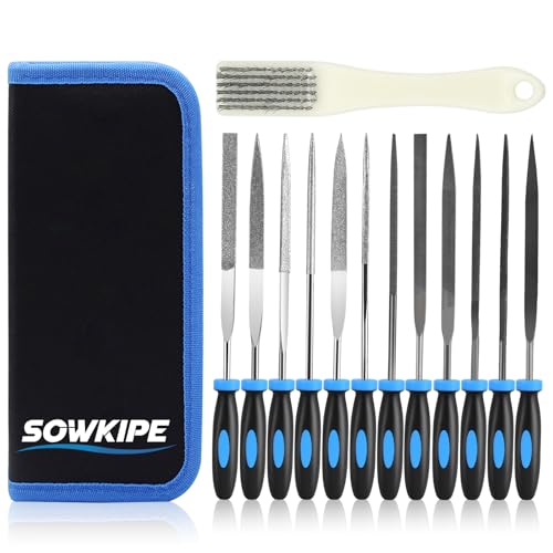 SOWKIPE 13Pcs Premium Small File Set, 6 Diamond Files, 6 Steel Files, Cleaning Brush & Carrying Case for Wood, Plastic, Jewelry, Leather, DIY - Image 1