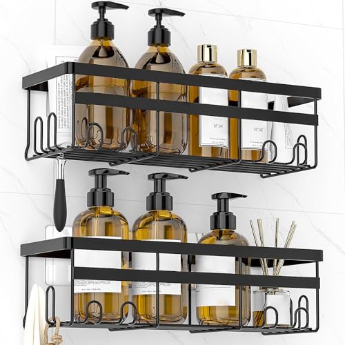 WOWBOX Shower Caddies 2 Pack - Adhesive Hanging Shower Shelf - Bathroom & Kitchen Organizers and Storage, No Drilling Stainless Shower Shelves for Home Decor Storage (Large), Black - Image 1